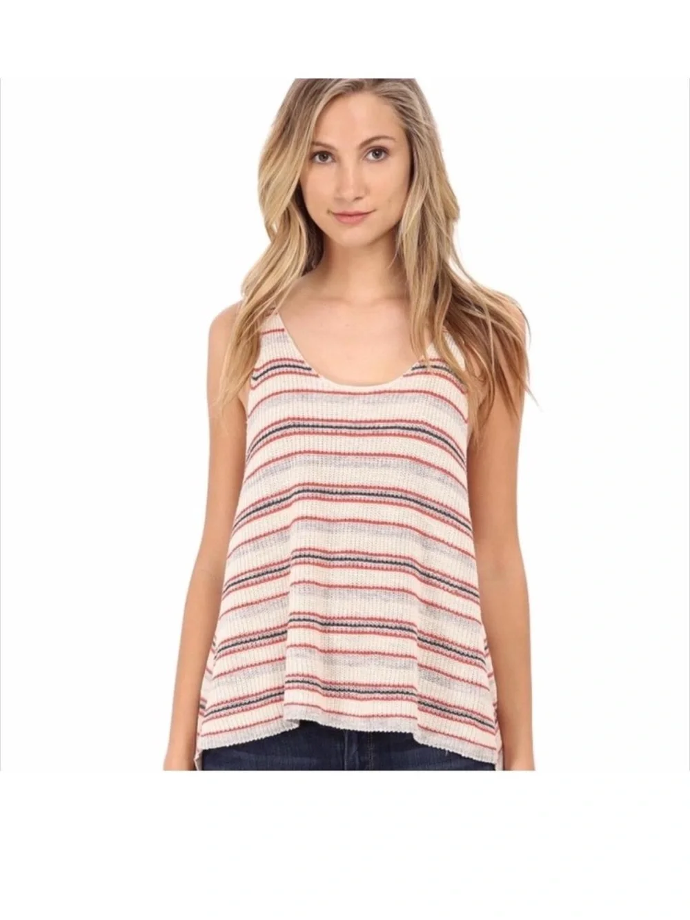 Free People Beige Knit Tank with Red & Navy Stripes